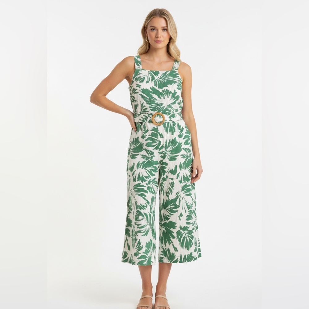 Monteau Los Angeles Green Palm Leaf Belted Wide-Leg Jumpsuit Size L